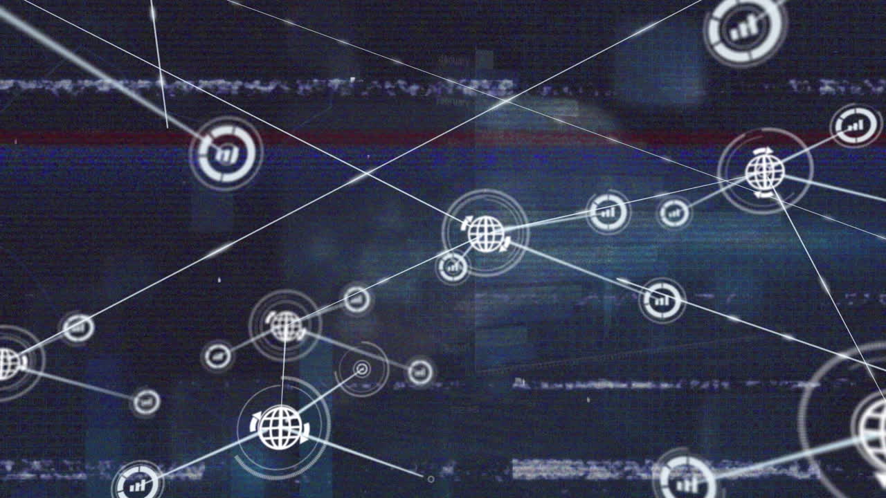 Animation of vhs glitch effect over network of digital icons against screens with data processing