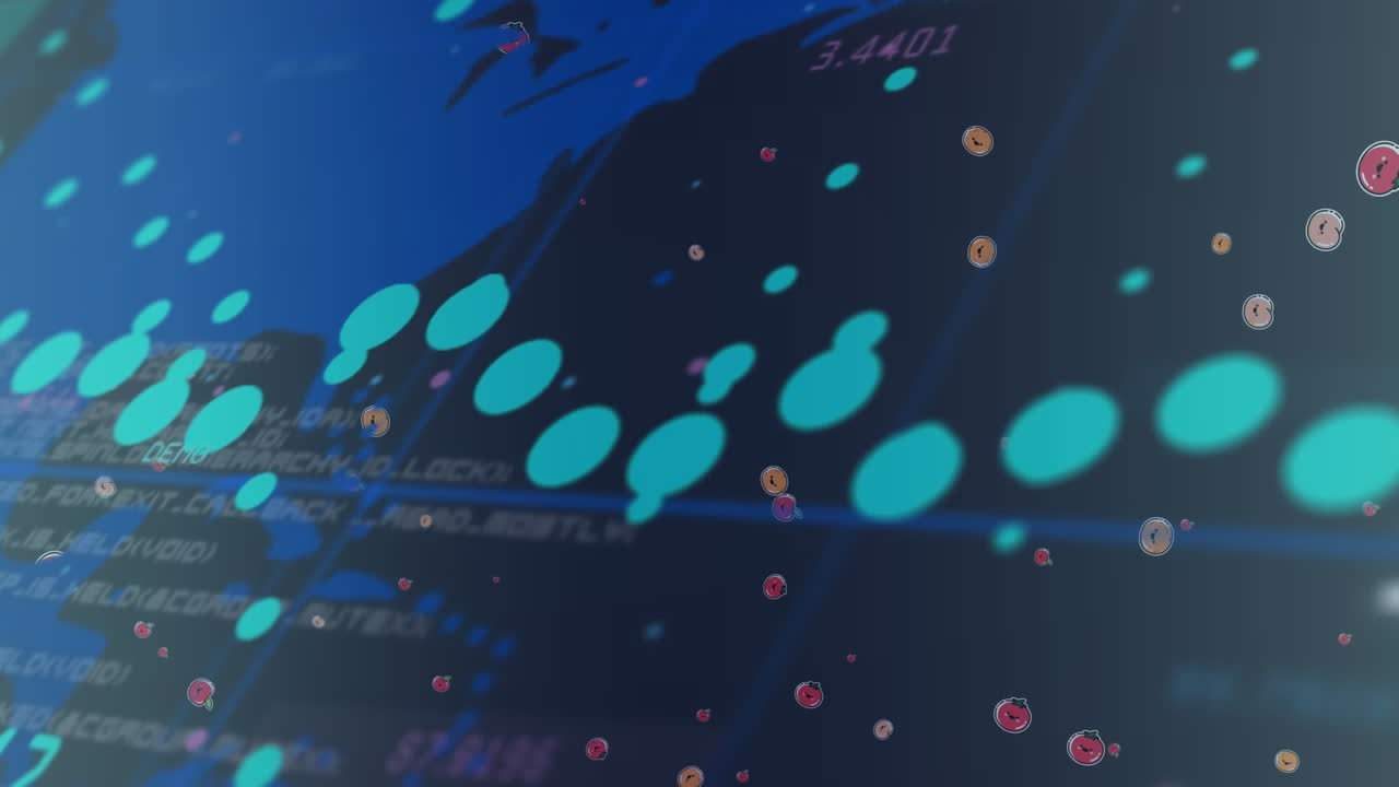 Animation of data processing and fruit emoji icons over world map against blue background