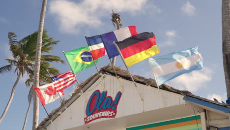 national flags of countries waving in air attached to beach souvenir shop at punta cana in dominican republic