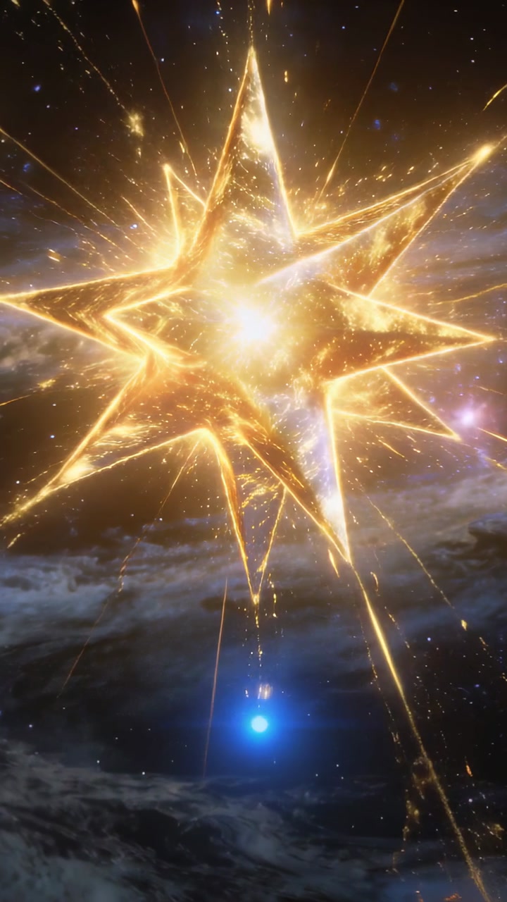 Vertical video: Core brightening golden star pulsing, sending sparks to blue orb in space, charging