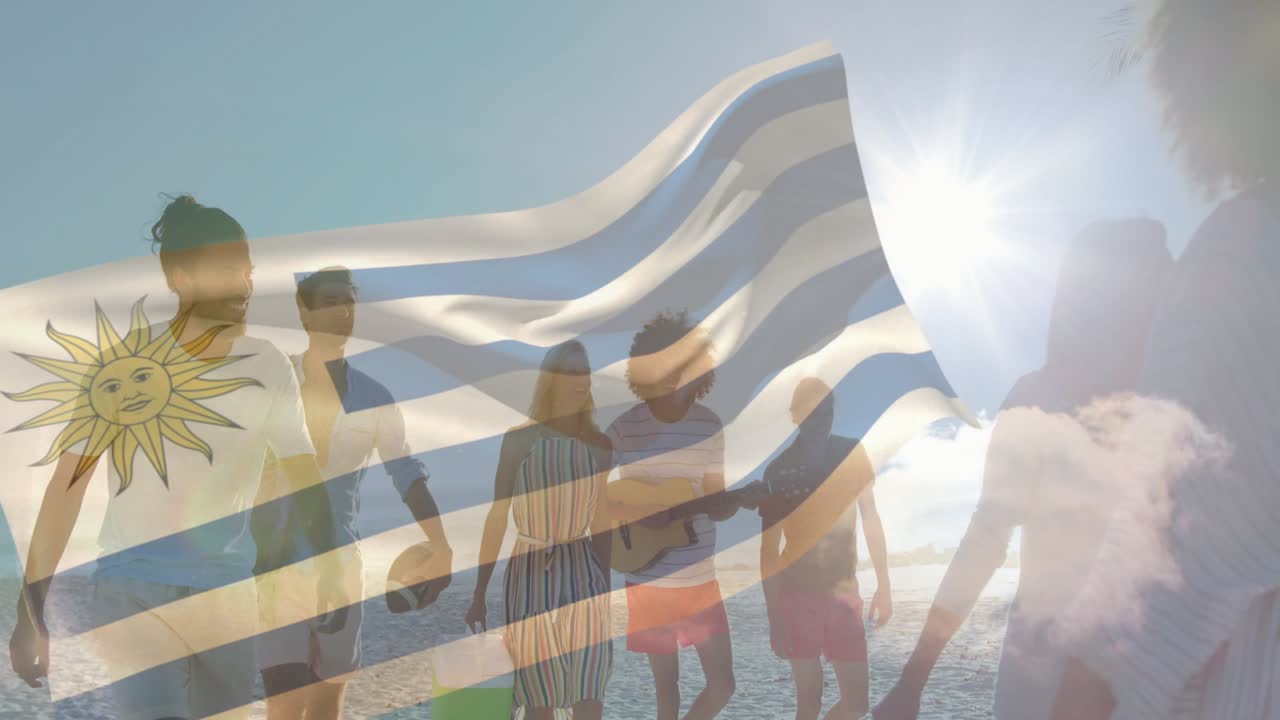 Group walking beach Uruguay flag overlay appearing woman singing while pal strumming uke for travel