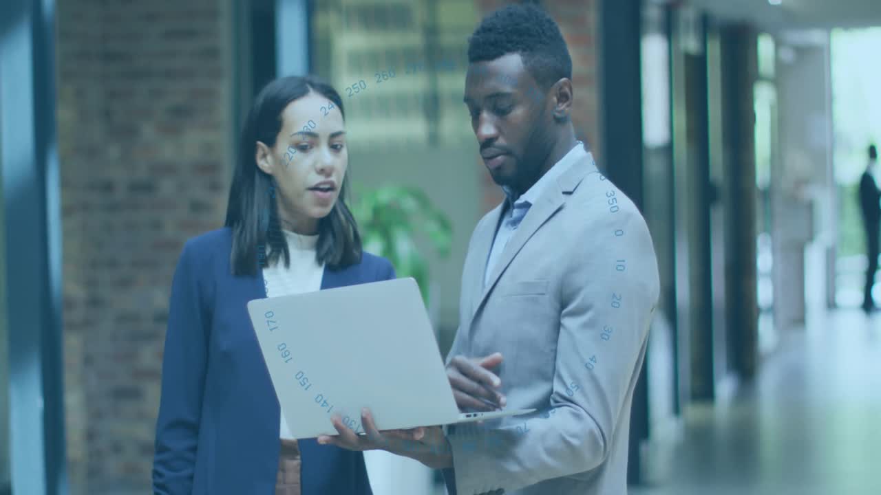 Animation of scope scanning over diverse business people in office