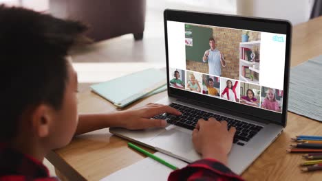 escolar que usa una computadora portátil para una lección en línea en casa, con un maestro y una clase diversos en la pantalla