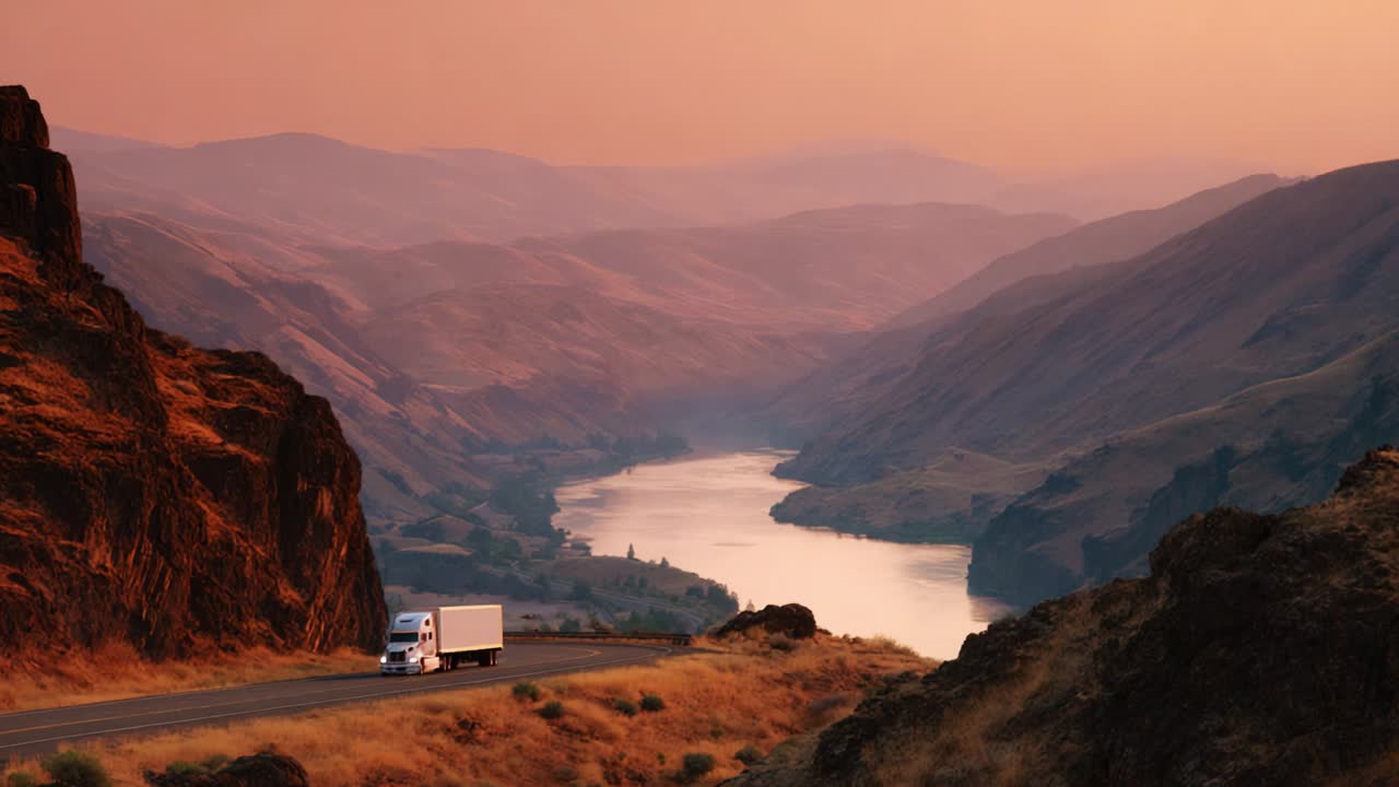 A tranquil scene showcasing a solitary truck parked along a winding road near a stunning river, framed by towering mountains and bathed in the warm, golden hues of sunset, epitomizing a serene moment in nature