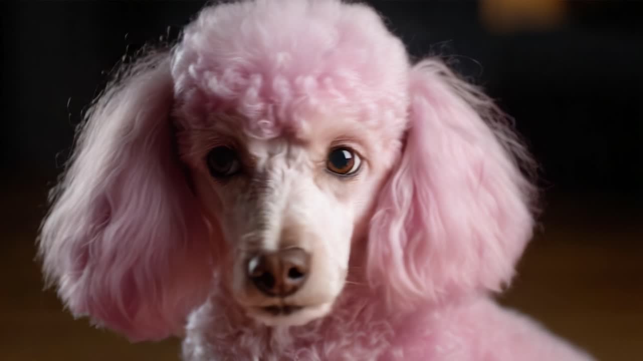 A Beautiful Pink Poodle Showcasing Its Stunning Fluffiness and Charismatic Expression in a Warmly Lit Indoor Setting, Capturing the Essence of Pet Charm