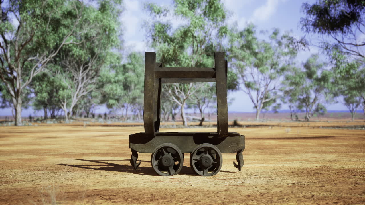 Rustic transport cart resting under the shade of sprawling eucalyptus trees