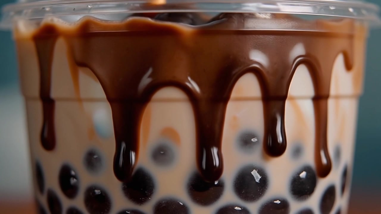 Sirup Cokelat Mengalir Tipis di Dalam Gelas Bubble Tea