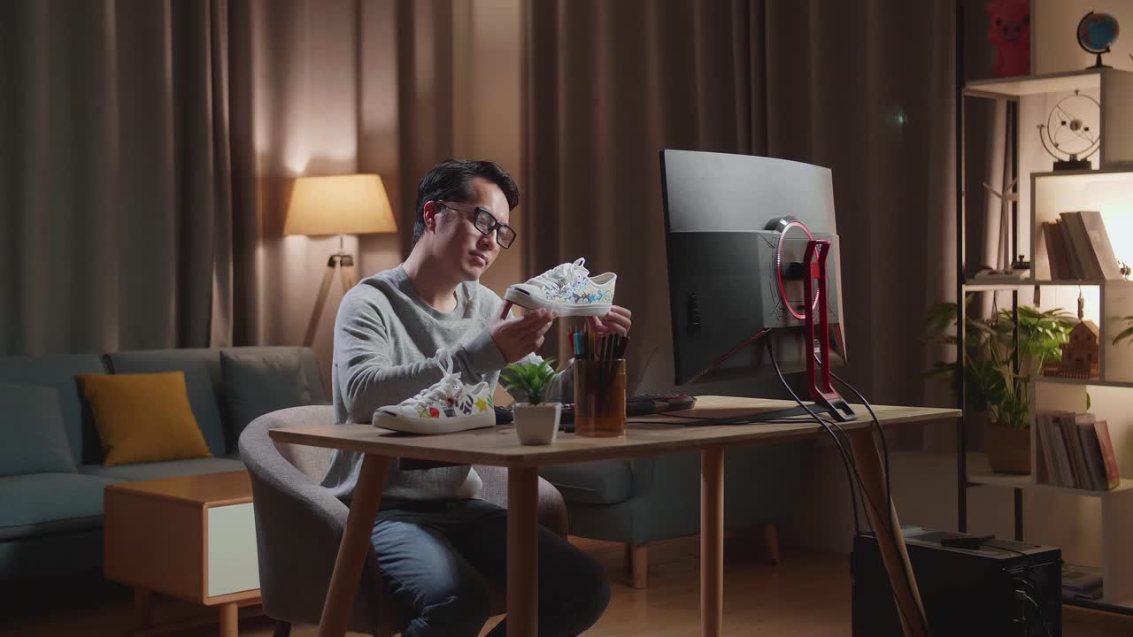 Asian Male Footwear Designer With A Desktop Computer Holding And Looking At The Colourful Pattern Sneakers