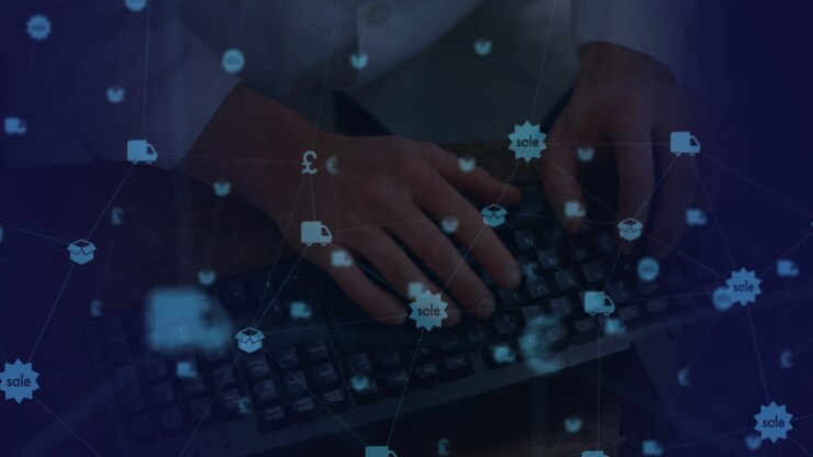 Network of connection icons against person typing