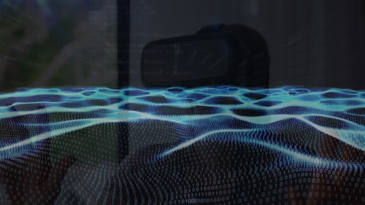 Animation of waves of binary coding over person wearing vr headset