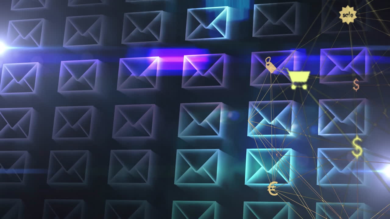 Currency symbols on digital envelopes with animation, illustrating online transactions