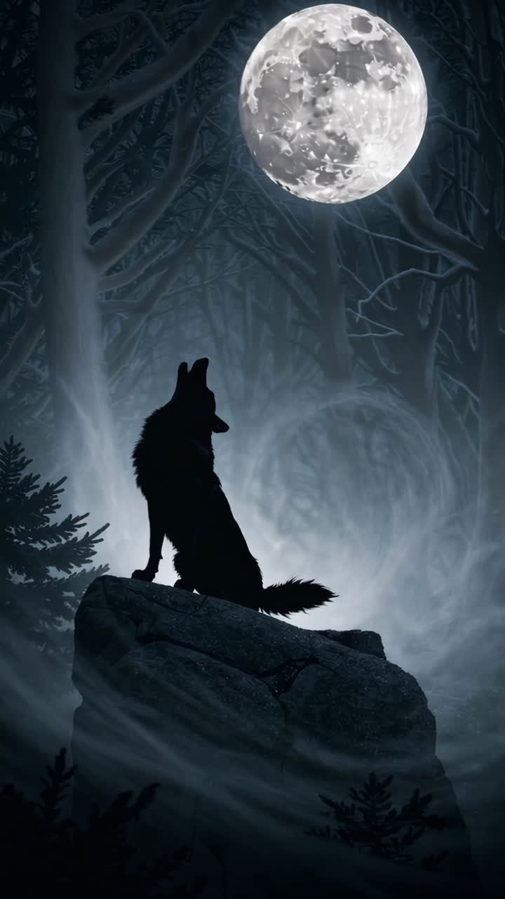 Solitary Wolf in a Misty Forest Under the Full Moon