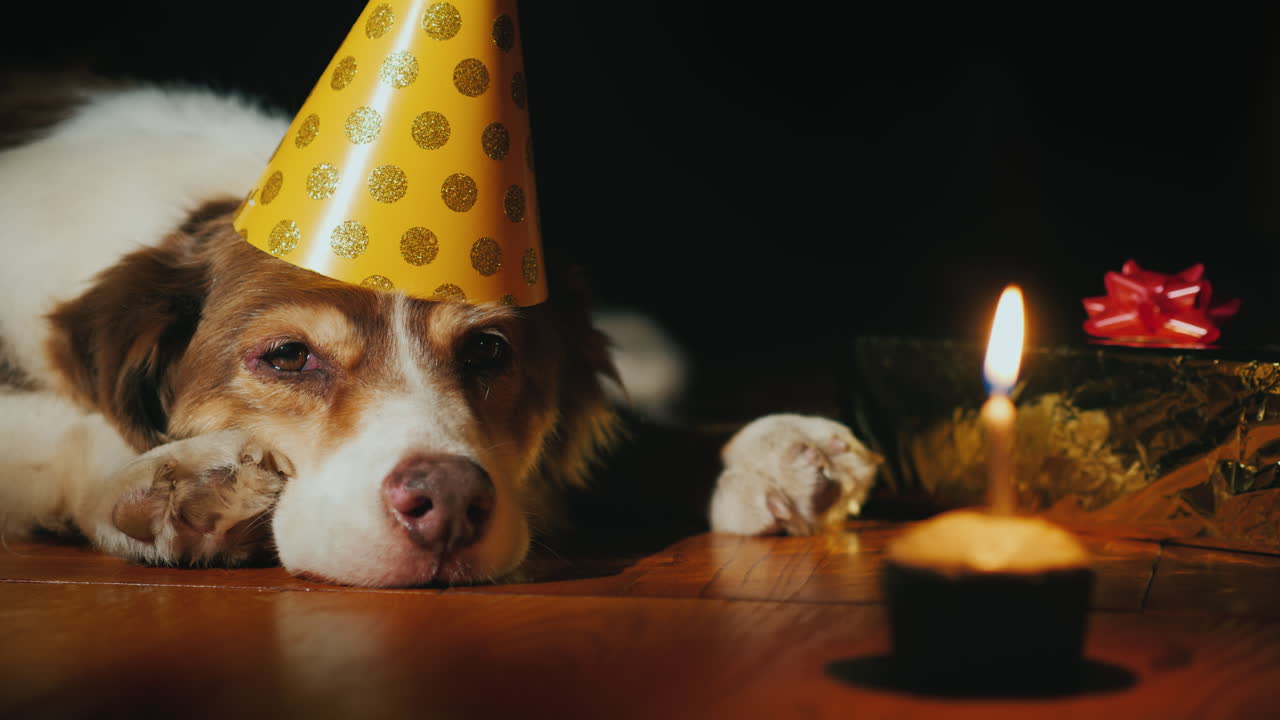 풍선 근처 모자에 귀여운 생일 강아지의 초상화
