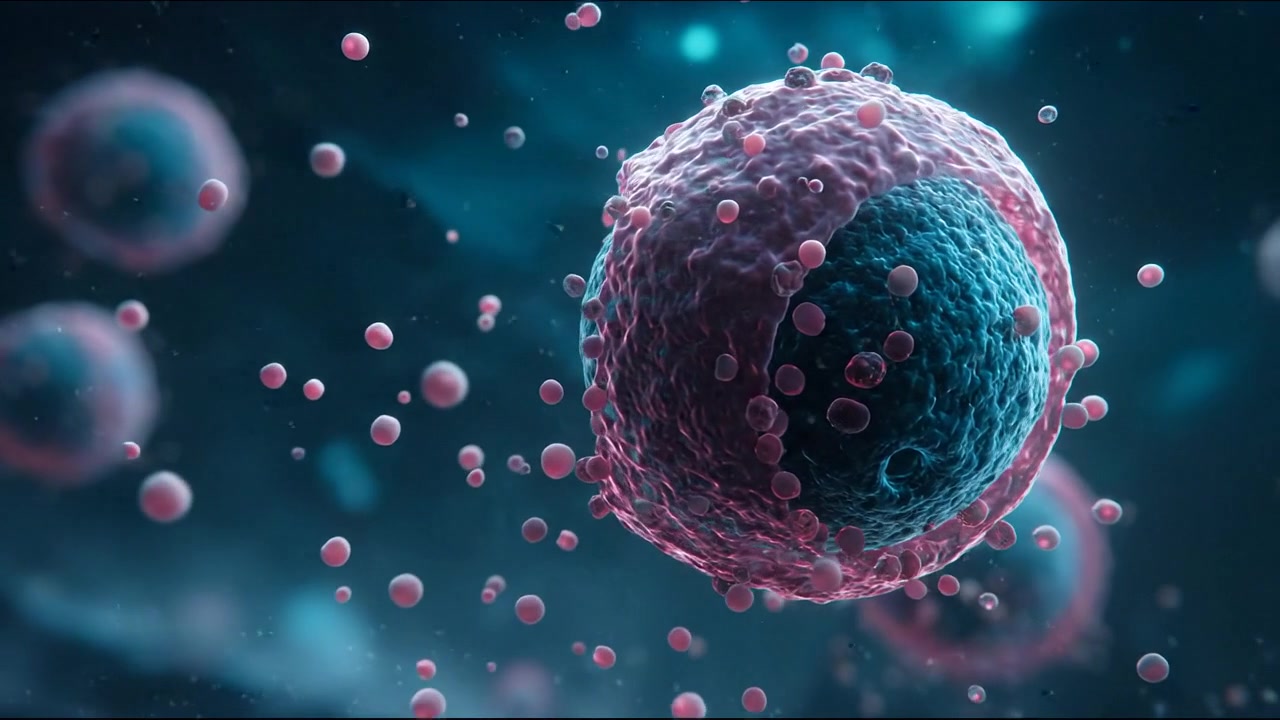 Mikroskopisk visning af biologisk celle, der udskiller partikler