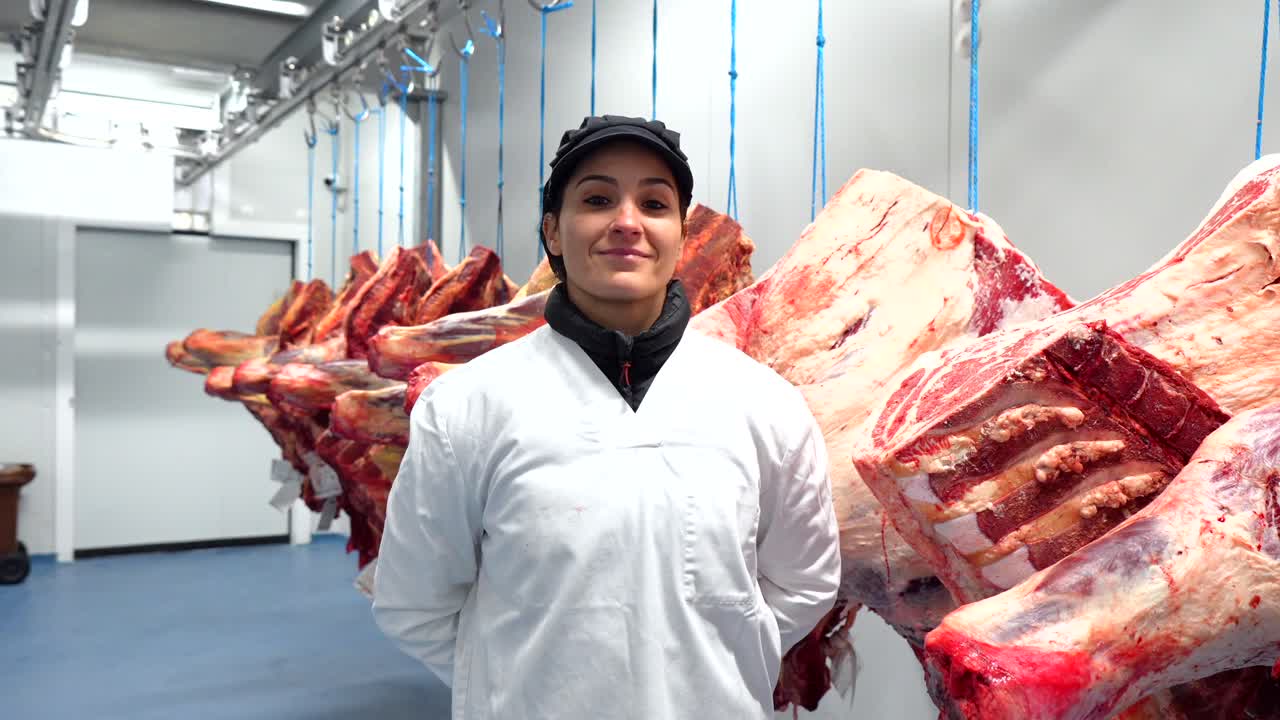 A female butcher stands in front of meat carcasses