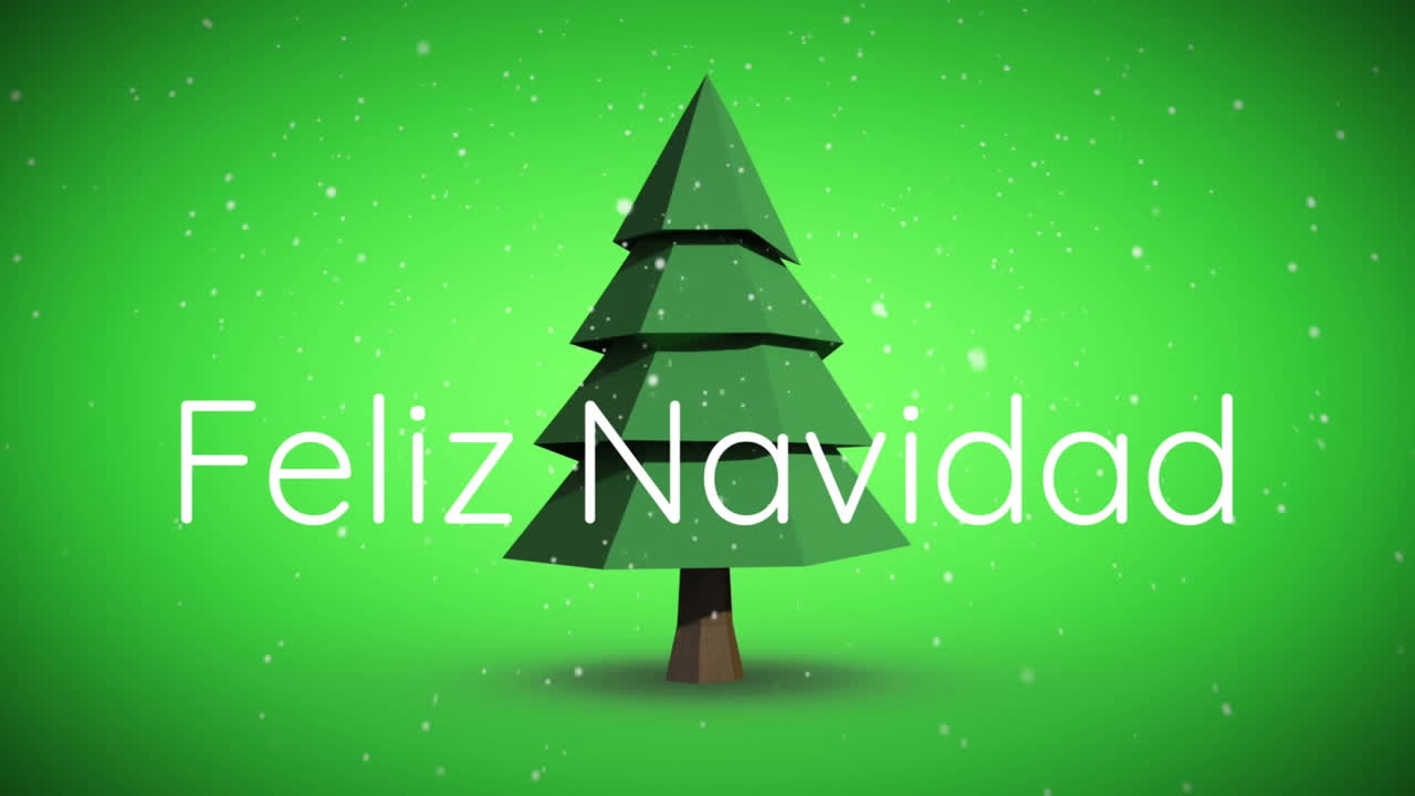 animación de feliz navidad texto sobre árbol de navidad y nieve cayendo sobre fondo verde