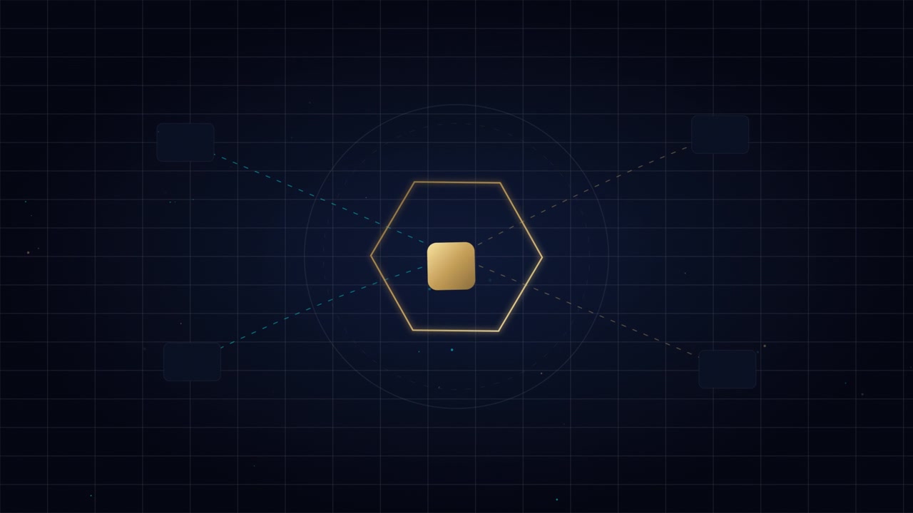 Abstract Digital Interface with Rotating Hexagon and Moving Gold Square