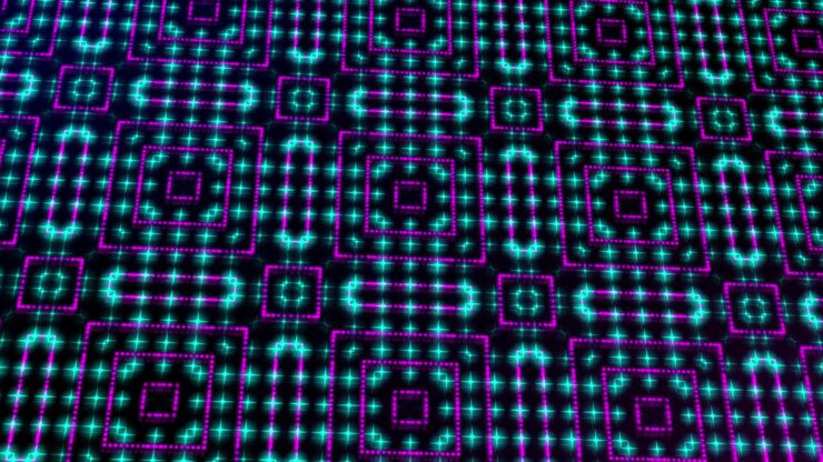 Illustrazione animata di luce splendente con punti e stelle rosa e blu in forme quadrate.