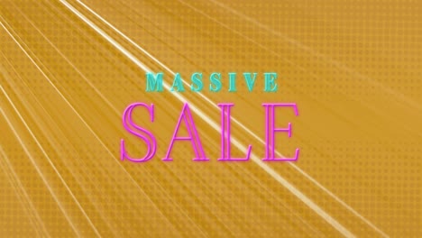 Animation-of-neon-massive-sale-text-banner-over-light-trails-against-yellow-background