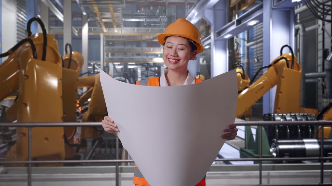 Asian Female Engineer With Safety Helmet Looking At Blueprint In Her Hands While Standing With Industrial Robotic Arms Working