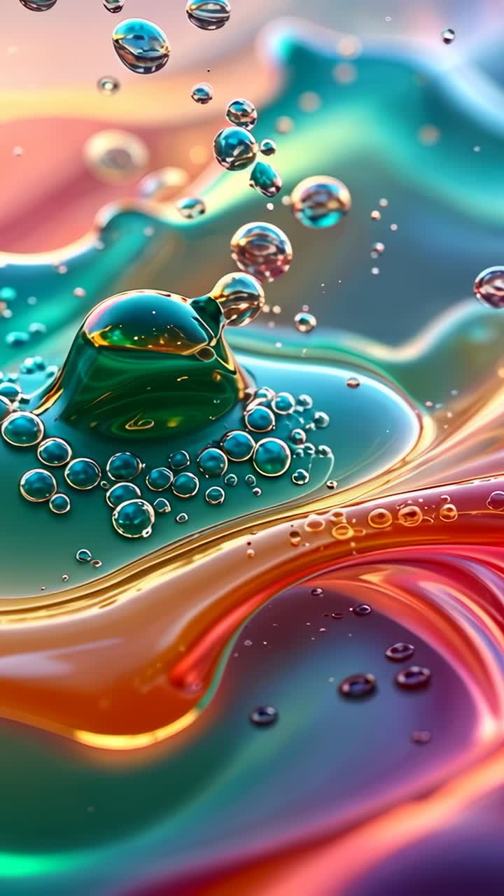 Vertical video: Emerging shiny bubbles ascending from below green liquid mound, creating hue shifts