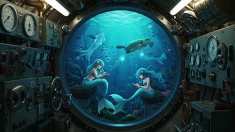 exploring the deep ocean: two mermaids interacting within a futuristic submersible, surrounded by marine life and advanced technology in a stunning underwater environment