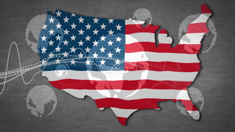 animation of united states map with flag design over digital network connections