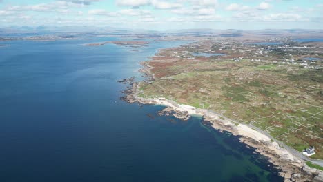 Cinematic-Drone-Footage-in-Ballyconneely,-wide-panning-aerial-footage-of-Coral-Beach