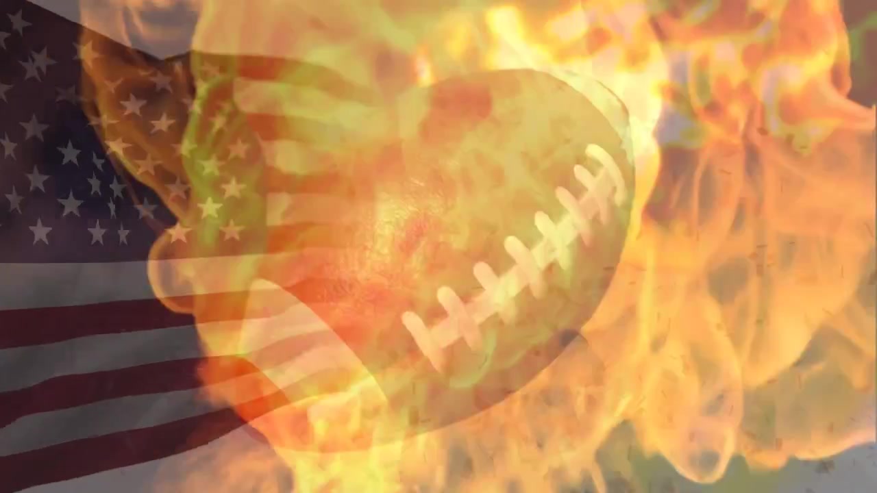 Animazione di una bandiera statunitense sventolante e fiamme su un pallone da football americano.
