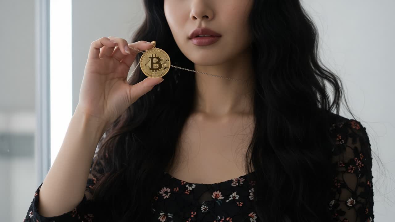 Bitcoin Kolye Tutan Bir Kadın, Modern Çağda Moda ve Kripto Para Biriminin Kesişimini Sergiliyor, Zenginlik ve Dijital İnovasyonu Sembolize Ediyor.