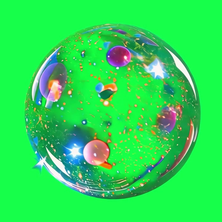 Sfera 3D astratta con particelle colorate fluttuanti su schermo verde