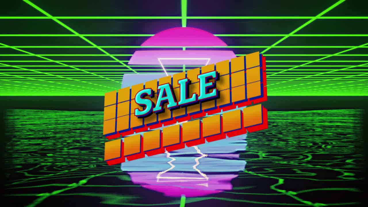 검은 바탕에 물 반사 효과와 그리드 네트워크에 대한 추상적인 모양 위의 판매 텍스트