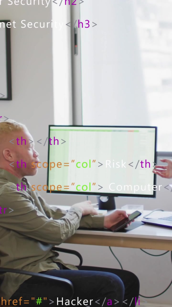 Animation of multicolored computer language, diverse coworkers discussing reports on desktop