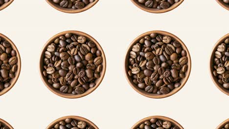 granos de café tostados en cuencos sobre un fondo beige. fondo de concepto de comida animado sin costuras