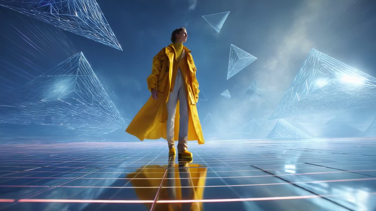 A Futuristic Journey: A Stylish Figure in a Vibrant Yellow Coat Walks Through a Surreal Digital Landscape Filled with Geometric Shapes and Reflections, Embodying a Vision of Innovation and Creativity