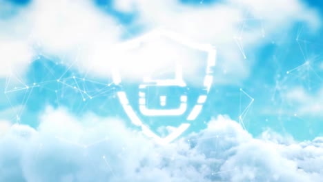 Animation-of-padlock-icon-with-network-of-connections-over-sky-with-clouds