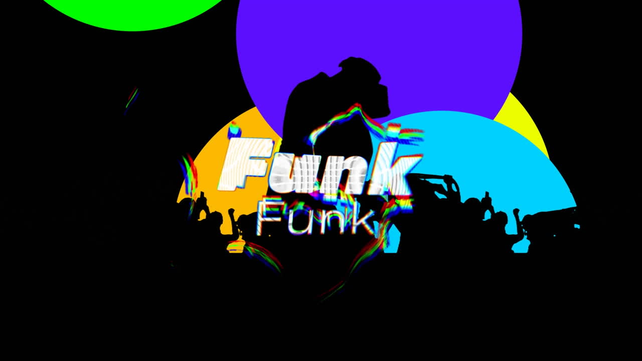 animación de texto funk sobre círculos coloridos y personas bailando