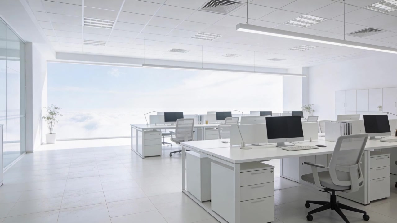 Recording openplan office cluster staying empty at higher floor, showing white desks and monitors