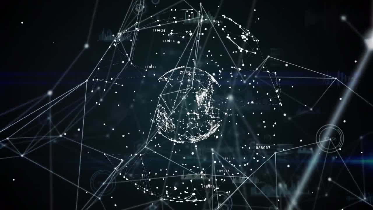 어두운 배경 위에 연결 네트워크와 아이콘의 애니메이션