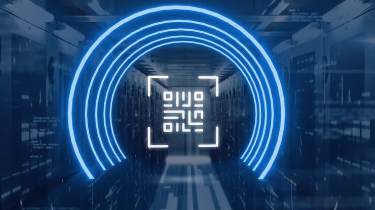 QR code scanner with neon elements against data processing over empty server room
