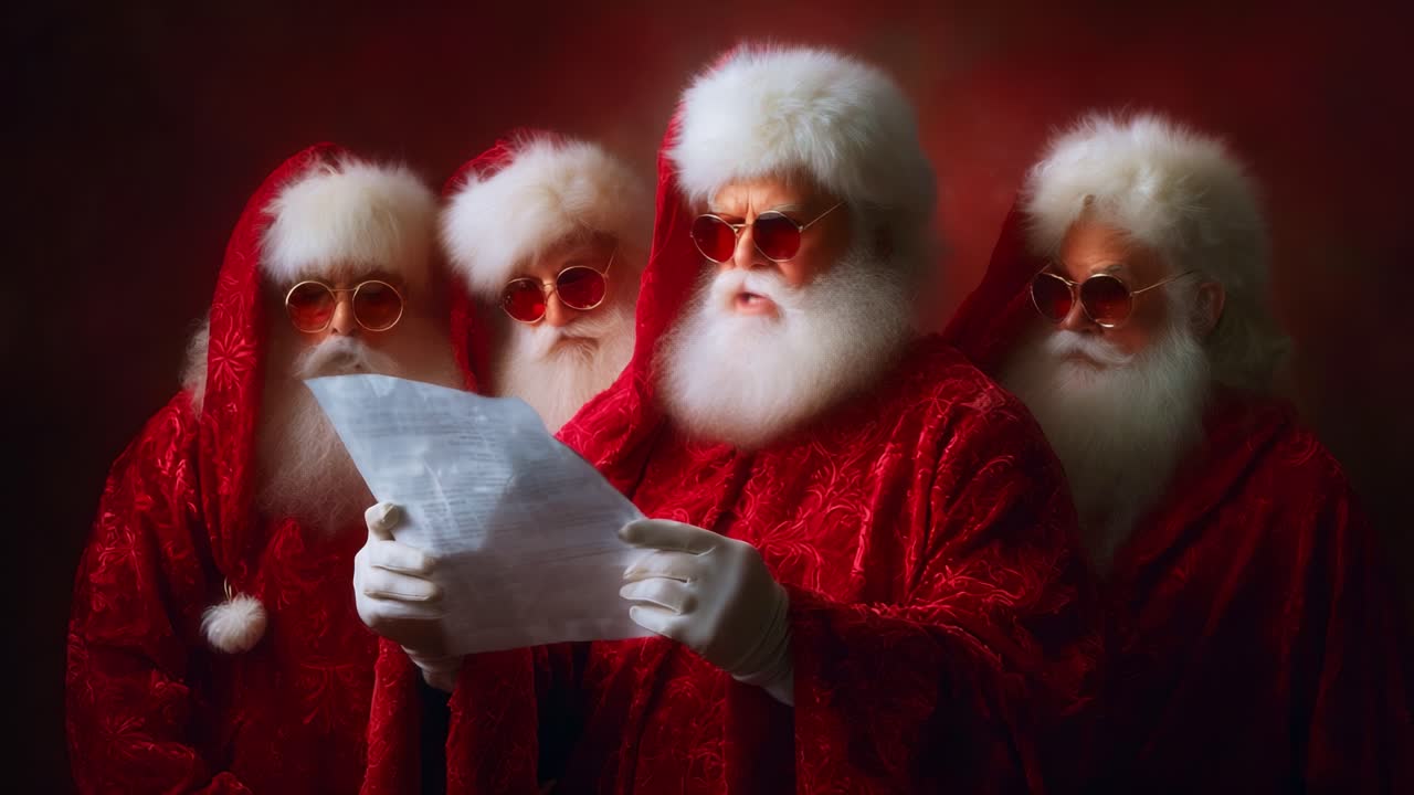 A group of four festive characters dressed in traditional red robes and hats, each sporting white beards and sunglasses, gather around to examine a letter during the holiday season, exuding a sense of joy and merriment