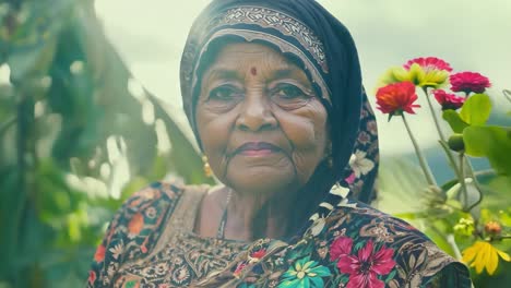 elderly indian woman wearing a headscarf and traditional clothing gazes calmly at the camera, surrounded by lush greenery and sunlight, embodying serenity and cultural richness