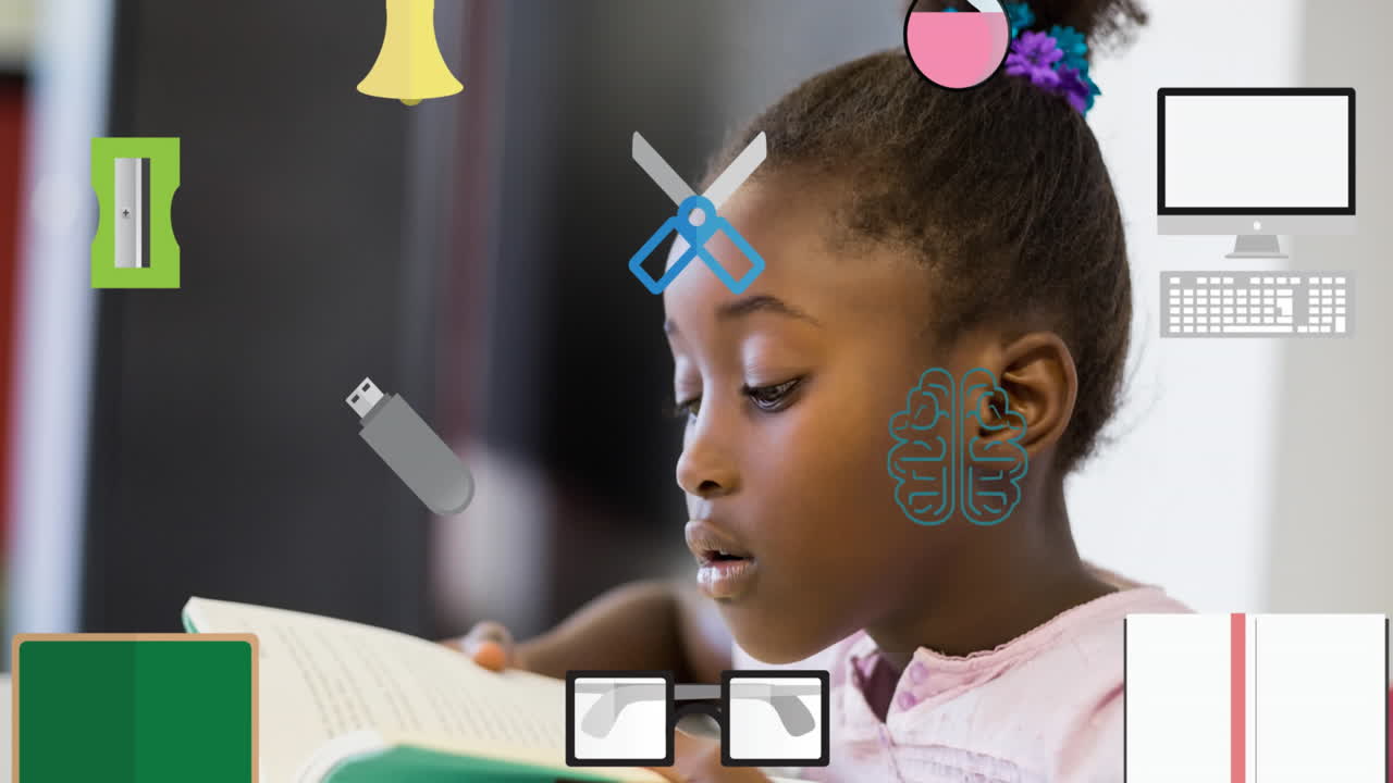 Animation of school icons over african american girl reading