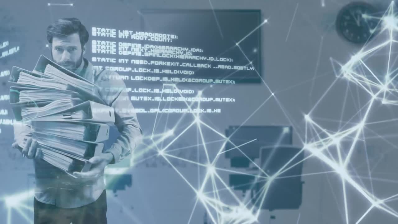Man holding office files with office, data processing and network of connections in the background