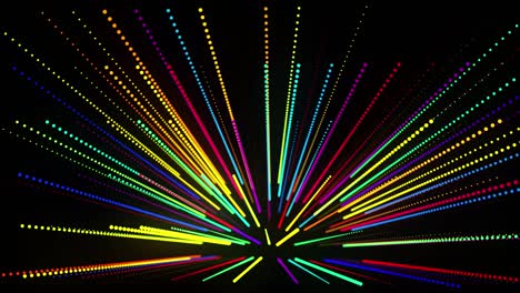 abstract 3d loop background with glowing particles lined up in a row in 3d space. festive vj loop with multicolored particles and smooth animated camera. motion design background.