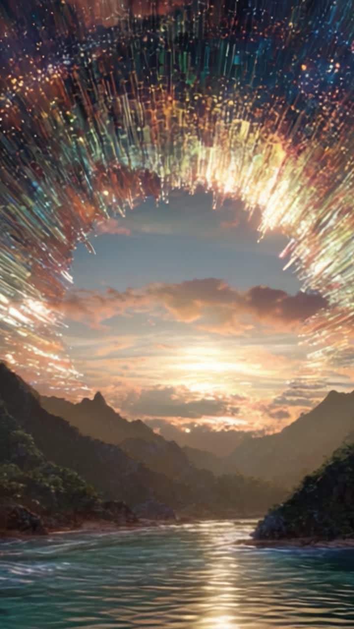 Una vista mozzafiato di un portale celeste che si apre sopra acque serene, circondato da montagne maestose al tramonto, creando un paesaggio spettacolare e un'atmosfera cosmica.