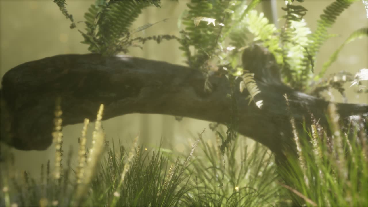 tronco del árbol doblado horizontalmente con helechos creciendo, y la luz del sol brillando