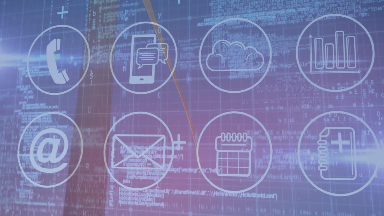 Digital interface animating on gradient background, floating eight white icons over gridlines, code