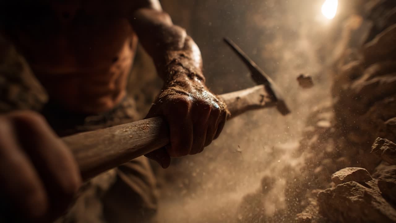 Intense Labor in the Depths: A Hands-On Exploration of Rock Breaking, Focused on a Miner’s Strong Grip and Determination in a Dusty Environment