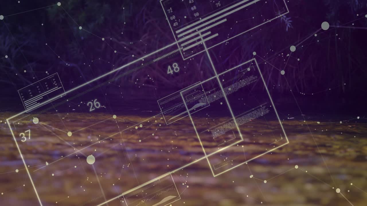 Outline appearing, faint panels updating numbers on grid, rotating and sliding, showing dashboard